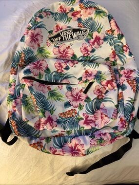 Vans White Backpack with Pink Hibiscus & Green Leaves